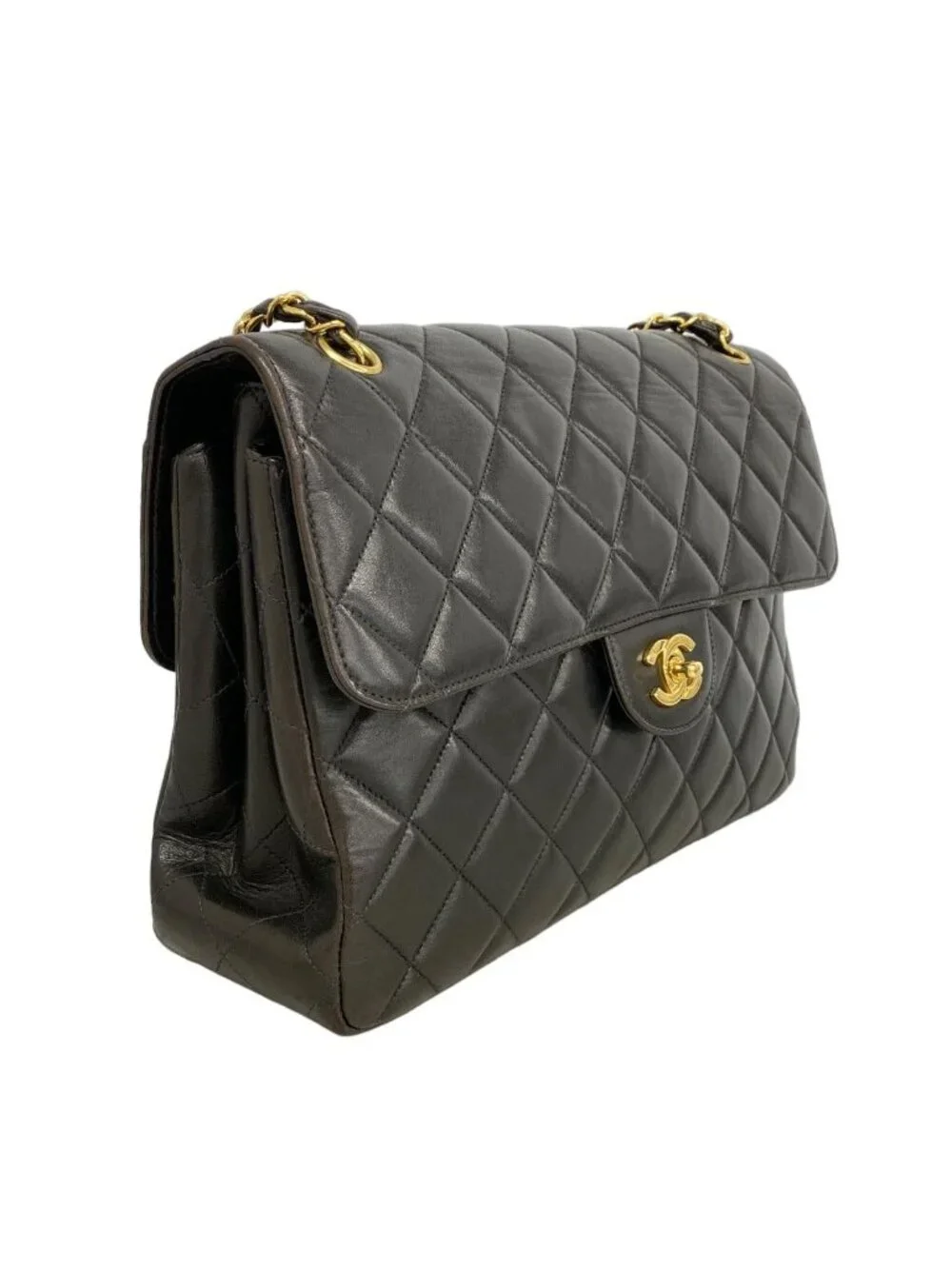 Chanel Shoulder Bag Maxi Quilted Face Lambskin Black Gold